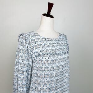 Ann Taylor LOFT Floral Block Print Blue Ruffle Yoke Clip Dot Long Sleeve Blouse